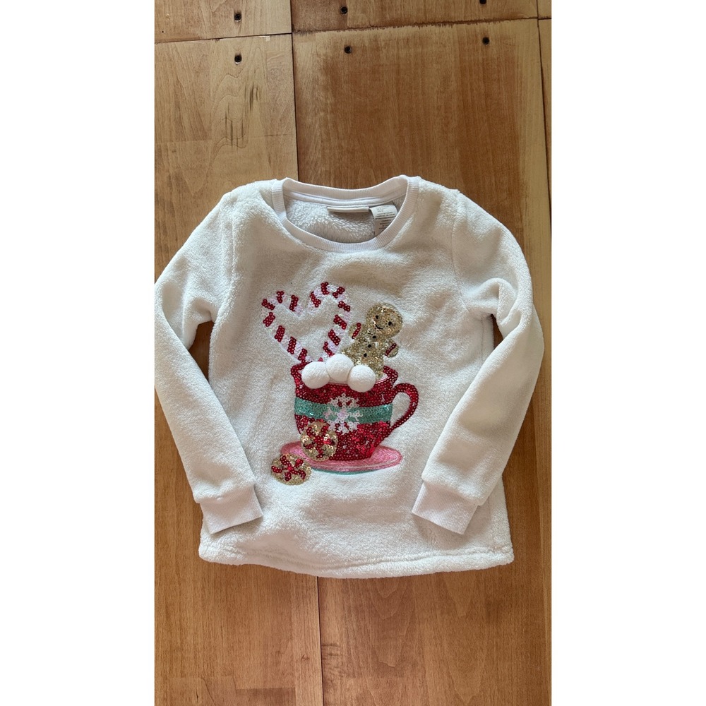 Cynthia Rowley Girls White Fleece Christmas Hot Cocoa Sequin Sweatshirt Size 5/6